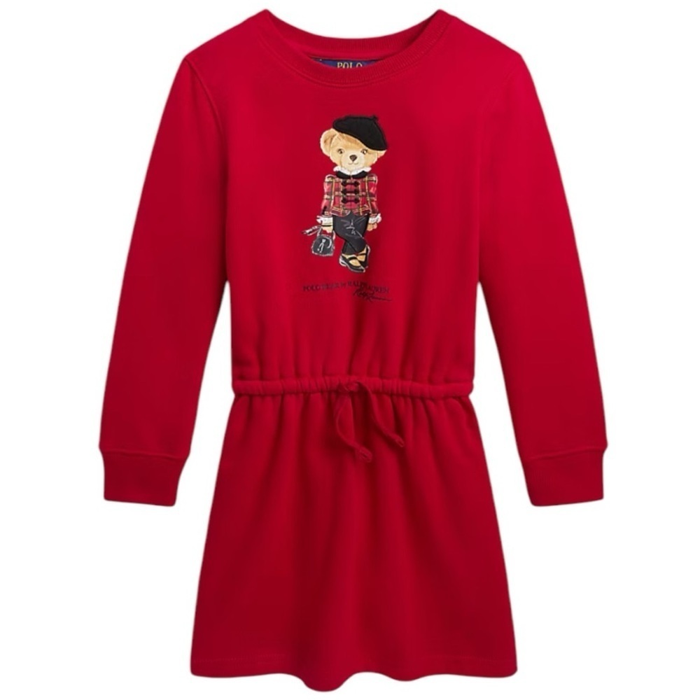 POLO RALPH LAUREN Red Bear Fleece Dress Girl Size L XL Winter Drawstring Beret